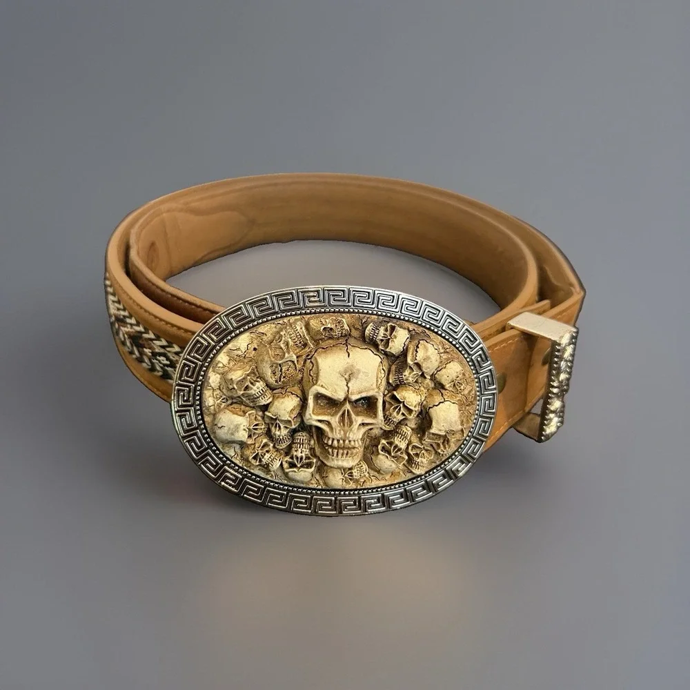 Nocona Genuine Leather Belt Size 42 w/ Gothic Skull Belt Buckle Greek Key Biker